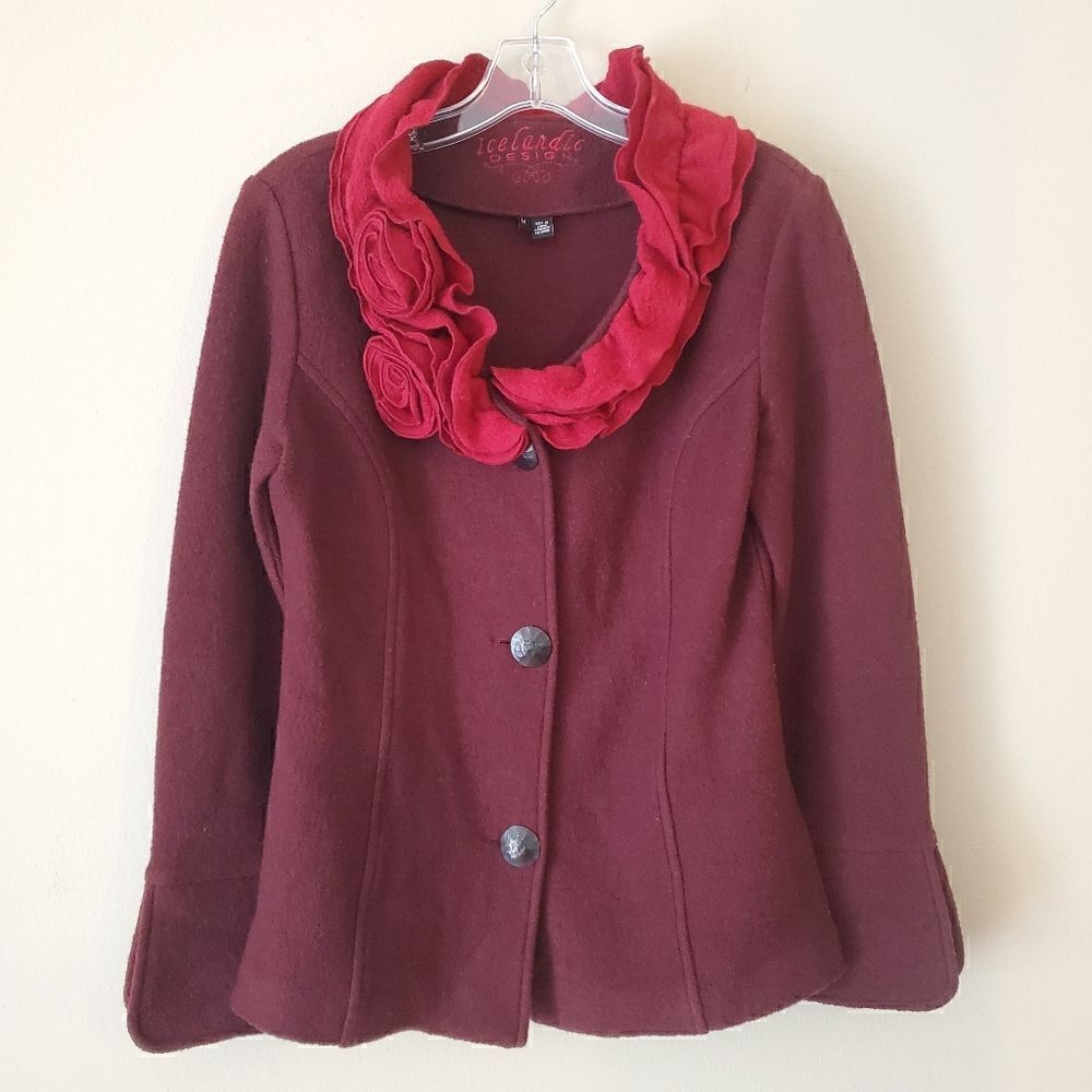IICELANDIC DESIGN Women's 100% Wool Jacket Burgundy Size Medium Art to wear - Picture 2 of 8